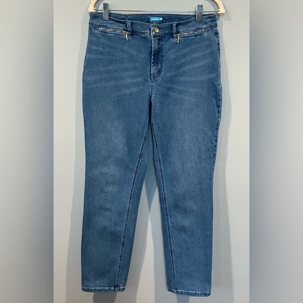 J. Mclaughlin Women’s Yara Jeans Size 8 Straight Leg Blue Denim Gold Zipper‎